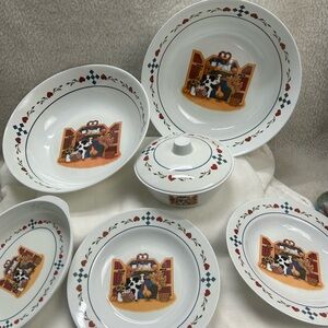Melamine Ware Gourmet Country Cow 7 pc dishes 80's hearts farmhouse